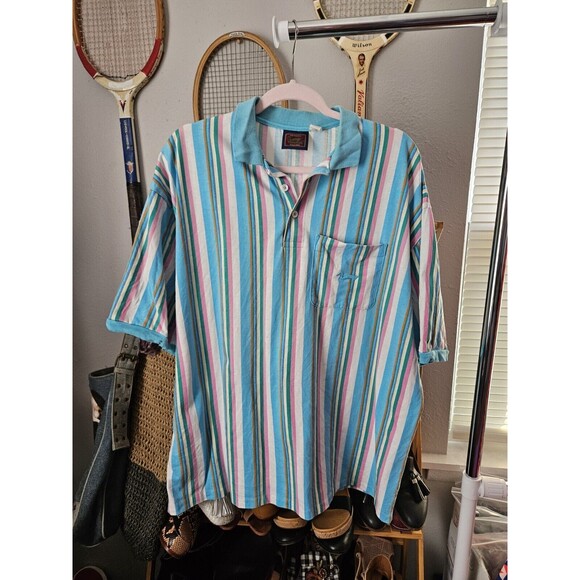Duxbak The Original Mens Short Sleeve Retro Vintage Striped Polo Shirt Large VTG - Picture 1 of 11